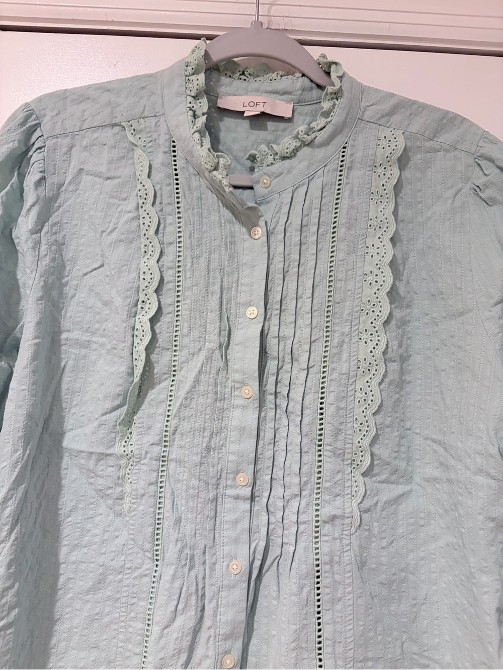 LOFT Mint Green Ruffled Pintuck Button-Down Blouse - Picture 3 of 9